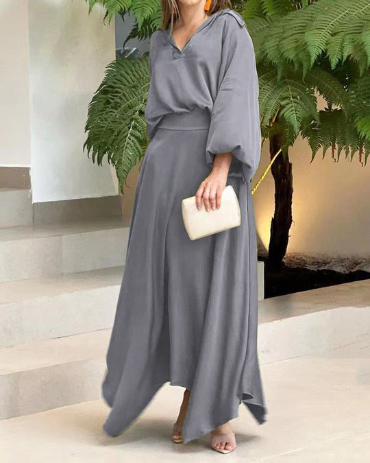 Damen Elegantes Maxikleid mit Kapuzen‑V‑Ausschnitt, Ballonärmeln und fließendem Saum Shop Nory