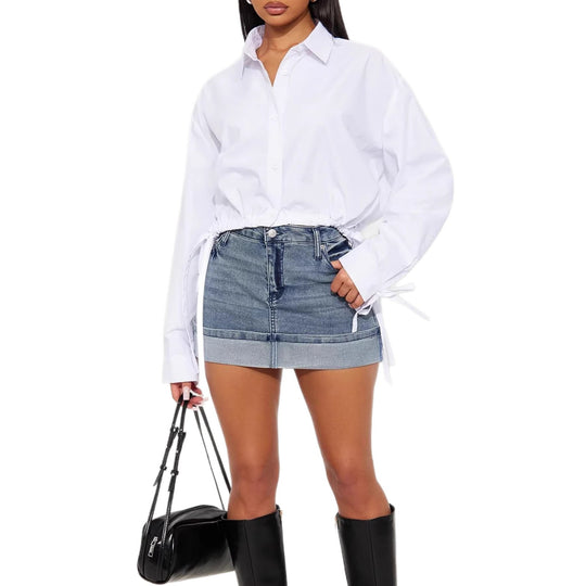 Damen Überschnittene Hemdbluse mit Tunnelzug‑Taille und Bindebändern Shop Nory