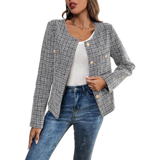 Damen Bouclé-Tweed-Blazer mit Rundhalsausschnitt, goldenen Zierknöpfen und kastiger Silhouette Shop Nory