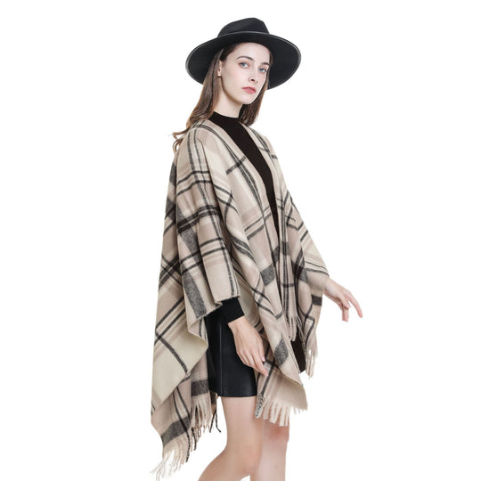 Damen Karierter Cape-Umhang aus Wollmix mit Fransen Shop Nory