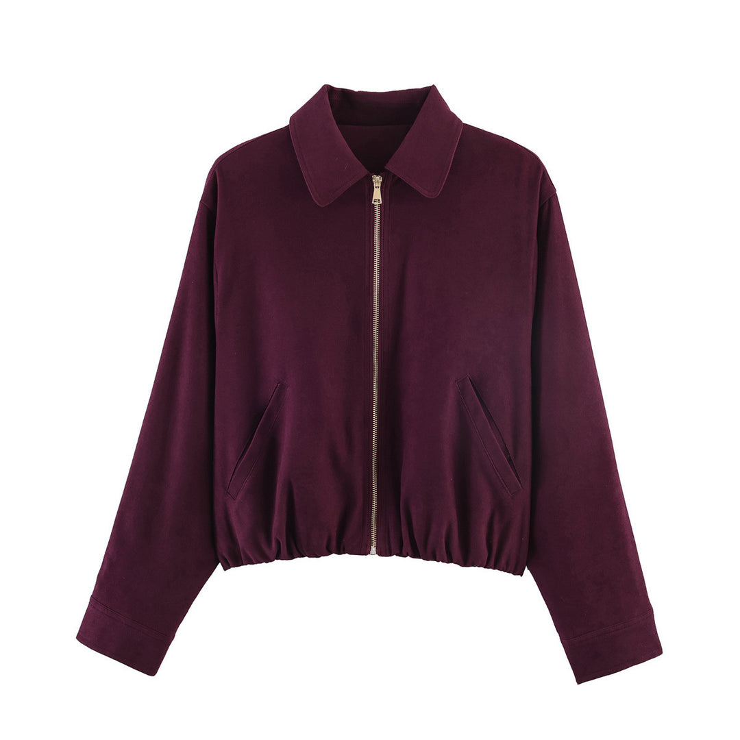 Damen Kurz geschnittene Veloursleder-Optik Bomberjacke mit Reißverschluss Shop Nory
