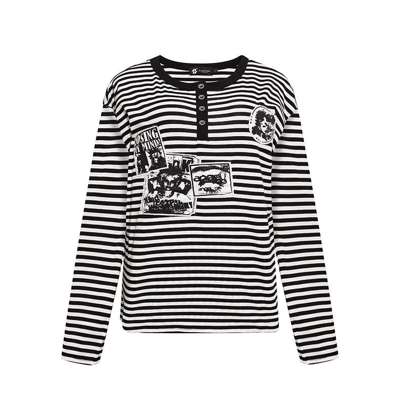 Damen Gestreiftes Langarm-Henleyshirt mit Knopfleiste und Grafikpatches Shop Nory