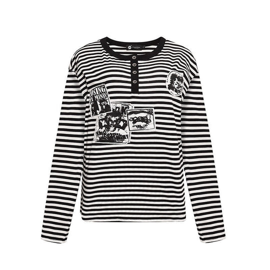 Damen Gestreiftes Langarm-Henleyshirt mit Knopfleiste und Grafikpatches Shop Nory