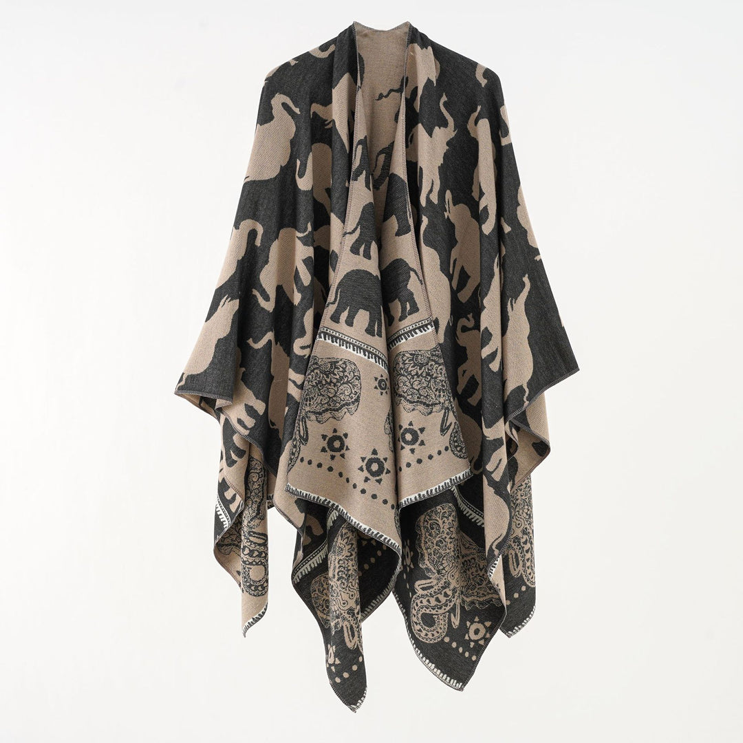 Damen Jacquard‑Ruana mit Elefantenmotiv und ornamentaler Bordüre Shop Nory