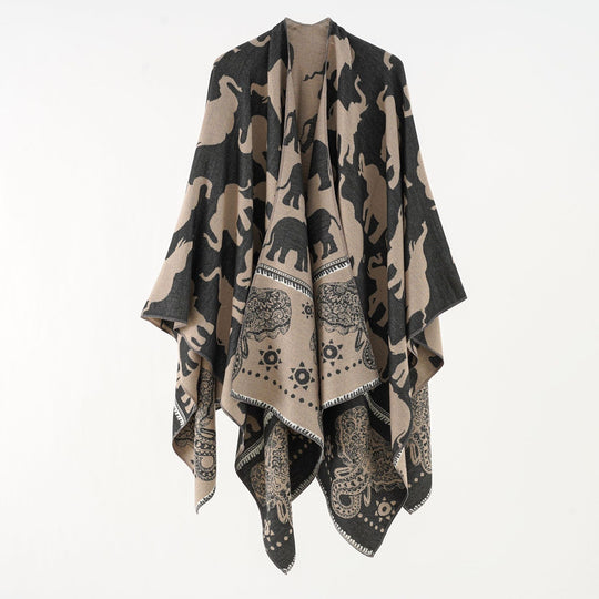 Damen Jacquard‑Ruana mit Elefantenmotiv und ornamentaler Bordüre Shop Nory