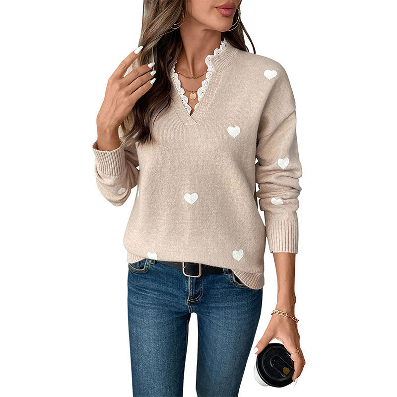 Damen V‑Ausschnitt Feinstrickpullover mit Herz‑Intarsien und gerippten Bündchen Shop Nory