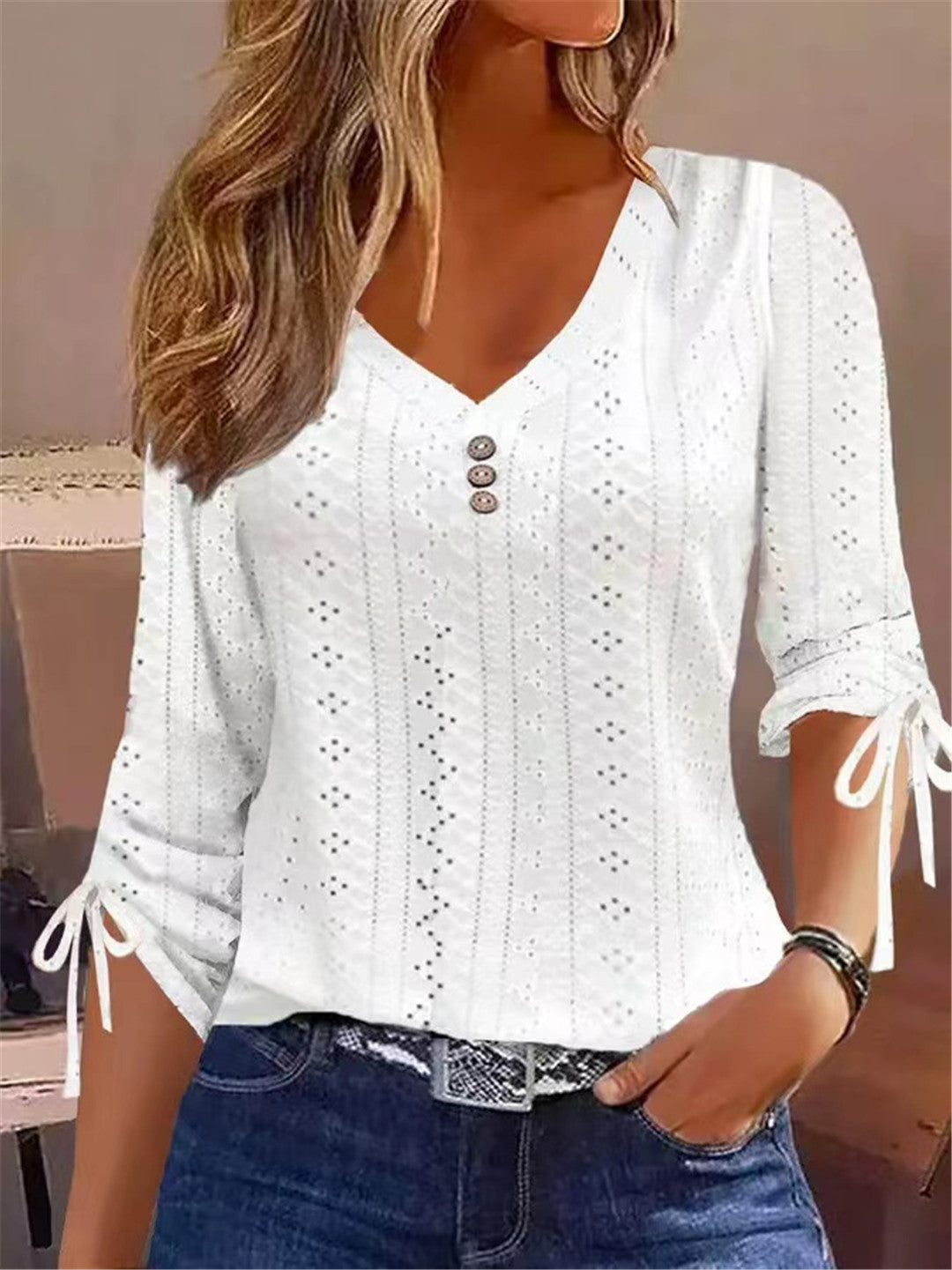 Damen V-Ausschnitt Bluse mit Raffdetails