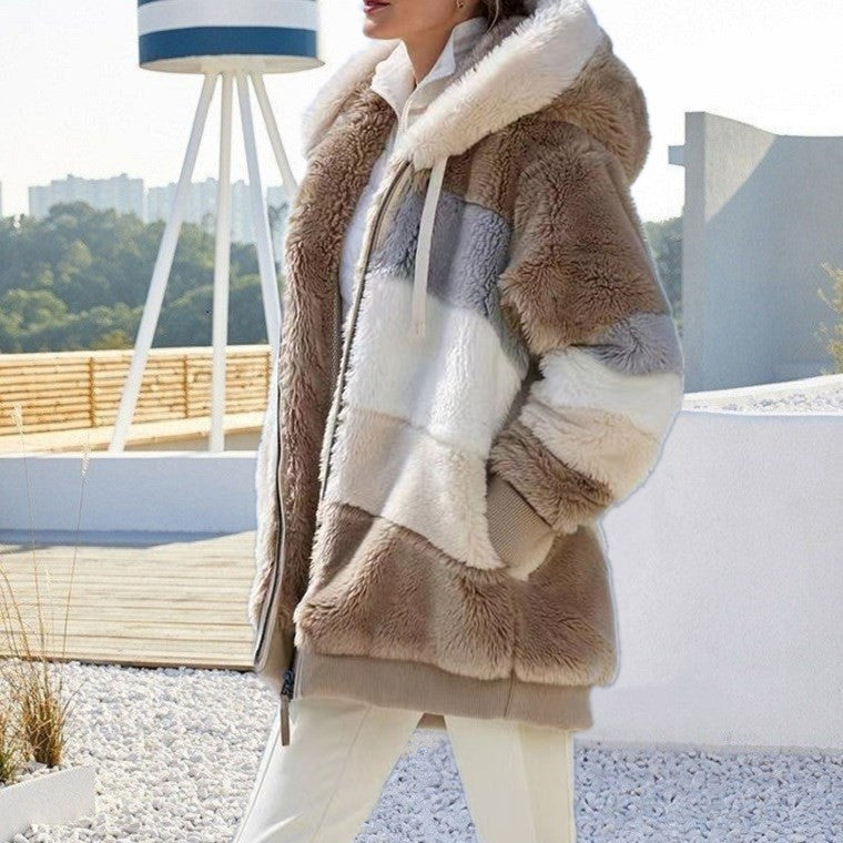 Damen nan Oversize Teddyfell-Kapuzenjacke mit Farbblock-Streifen, hochwertigem Reißverschluss und gerippten Bündchen Shop Nory