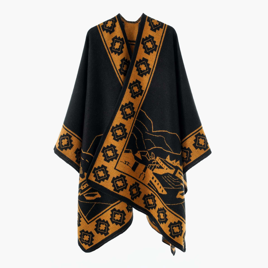 Damen Jacquard‑Strickponcho mit offenem Fall und Bordüren‑Detail Shop Nory