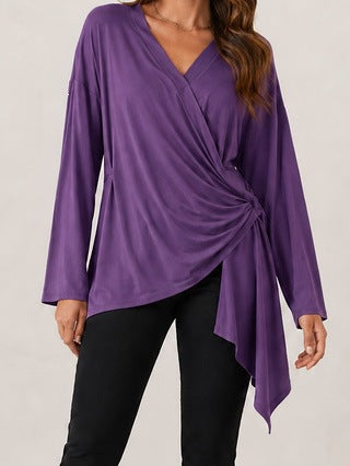 Damen Wickelshirt mit seitlicher Knotenpartie, V‑Ausschnitt und asymmetrischem Saum Shop Nory