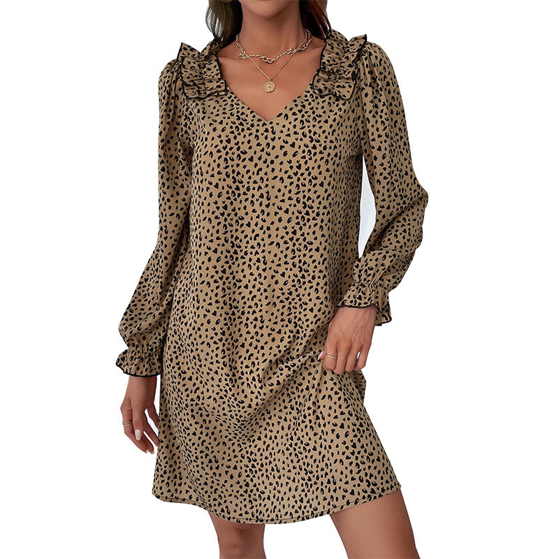 Damen Minikleid mit V-Ausschnitt, Volantkragen und dezentem Animal-Print Shop Nory