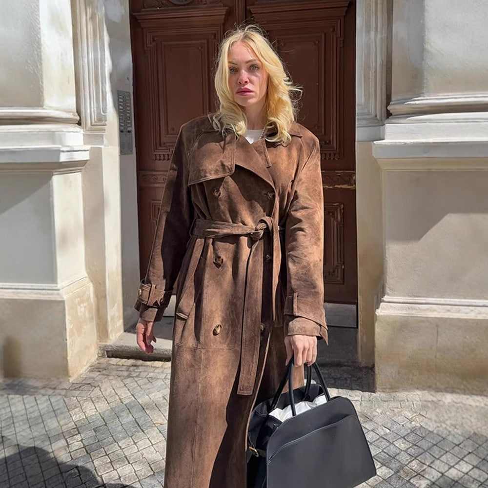 Damen Maxilanger Veloursleder‑Trenchcoat mit Bindegürtel Shop Nory