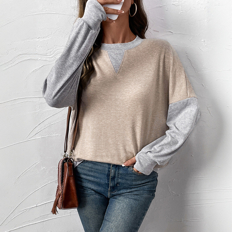 Damen Zweifarbiger Oversize-Langarmpullover mit Kontrastärmeln und V-Naht Shop Nory