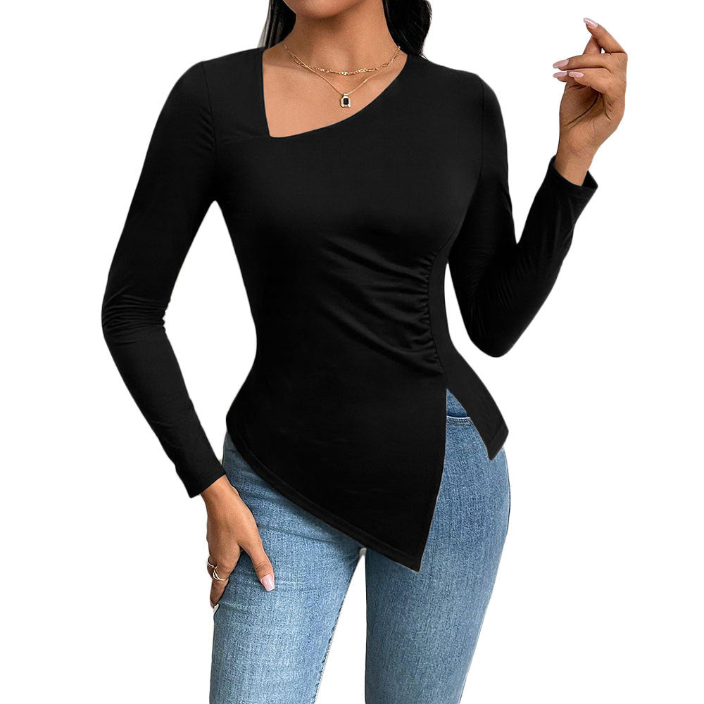 Damen asymmetrisches Langarm-Shirt mit diagonalem Cut-Out, taillierter Seitenraffung und spitz zulaufendem Zipfel-Saum Shop Nory