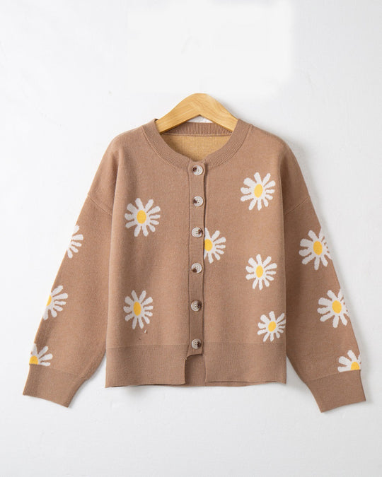 Damen Oversize-Strickcardigan mit Blumenapplikation, Perlmuttknöpfen und Wellensaum Shop Nory
