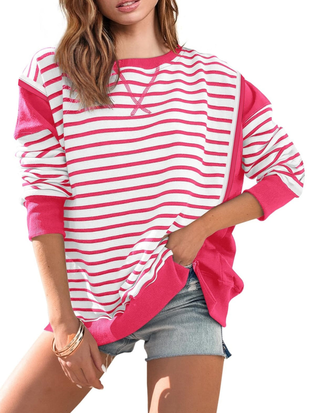 Damen Oversize-Sweatshirt im Marinelook mit Streifen, Raglanärmeln und Rippenbündchen Shop Nory