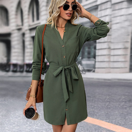 Damen Hemdblusenkleid mit Bindegürtel, V-Ausschnitt und Manschetten Shop Nory