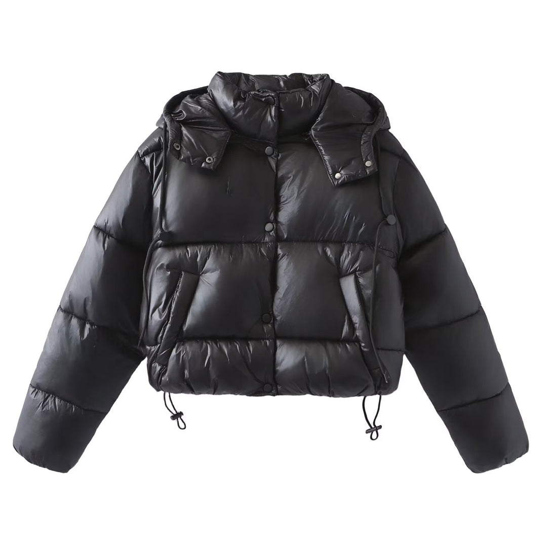 Damen Glänzende Cropped Pufferjacke mit Kordelzug und Druckknopfblende Shop Nory