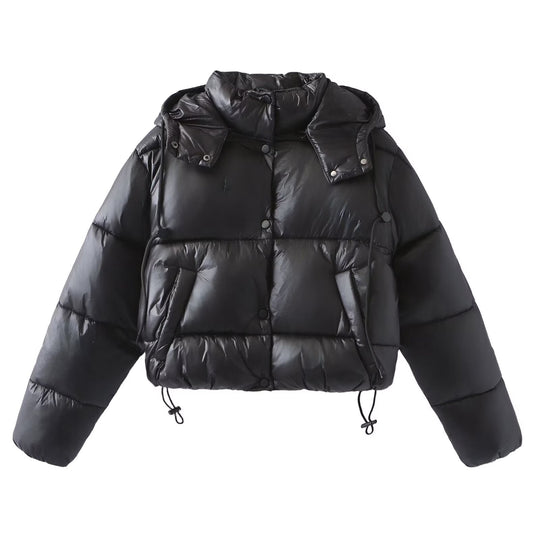 Damen Glänzende Cropped Pufferjacke mit Kordelzug und Druckknopfblende Shop Nory