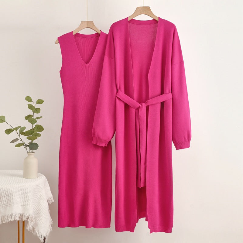 Damen 2-teiliges Kleid und Cardigan-Set mit V-Ausschnitt