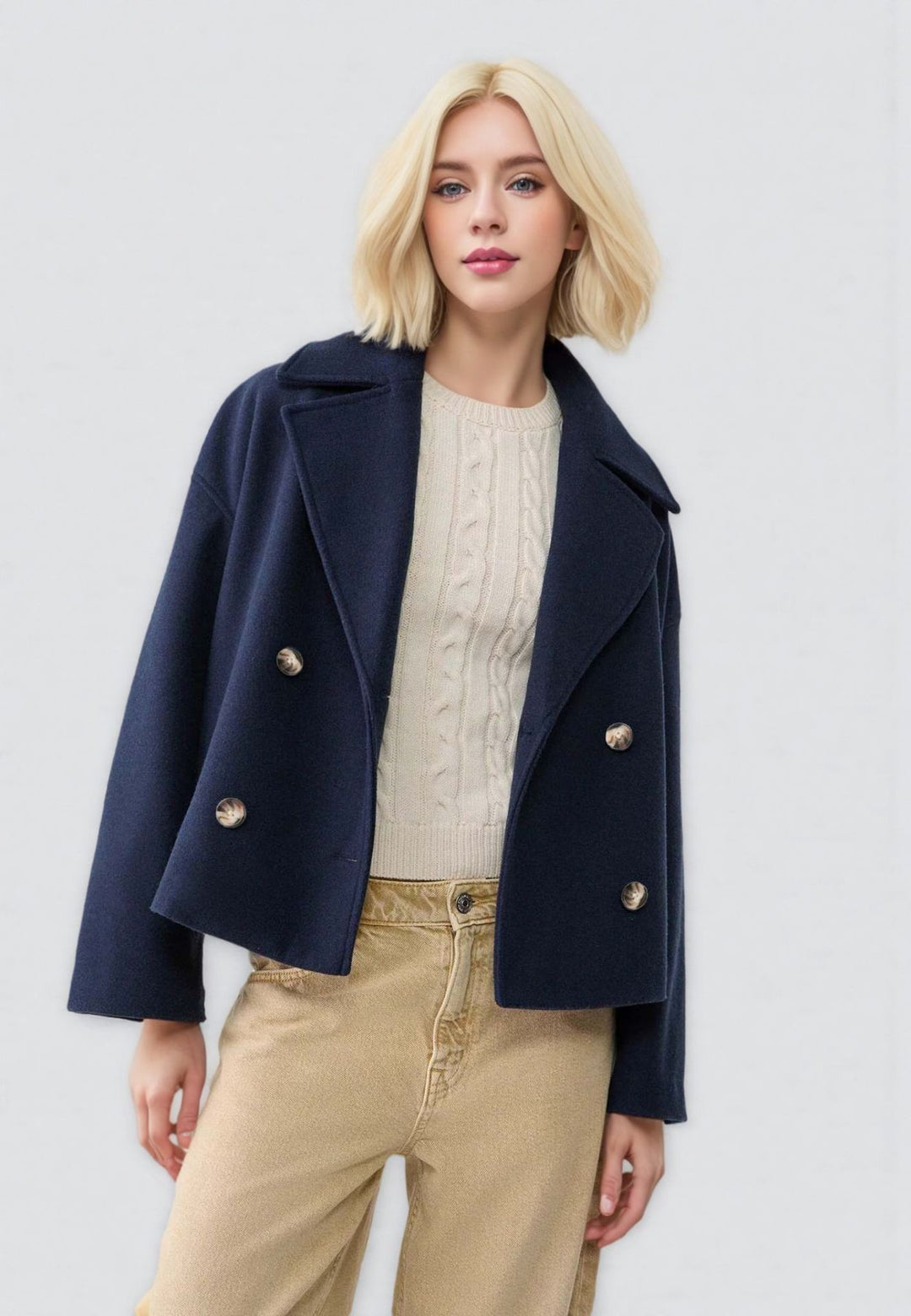 Damen nan kurzes doppeltreihiges Wollmix-Manteljacke im Boxy-Cut mit weitem Reverskragen Shop Nory