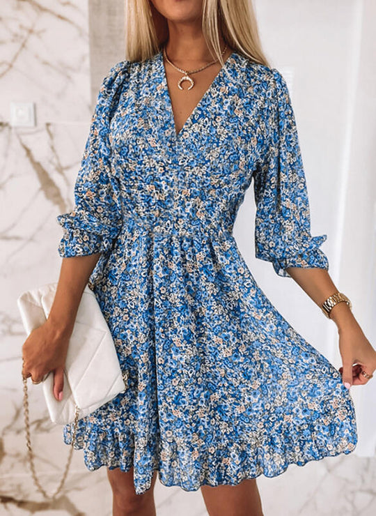 Damen Florales Chiffon-Minikleid mit V-Ausschnitt und Taillengürtel-Effekt Shop Nory