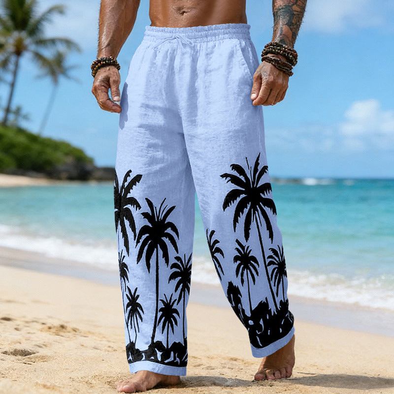 Herren Lässige weite Leinenhose mit elastischem Bund und tonalem Palmenprint Shop Nory