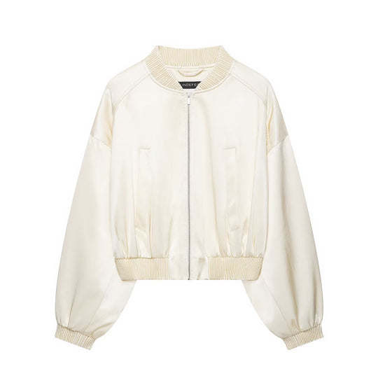 Damen Cropped Bomberjacke aus veganer Lederoptik mit voluminösen Raglanärmeln und Rippbündchen Shop Nory