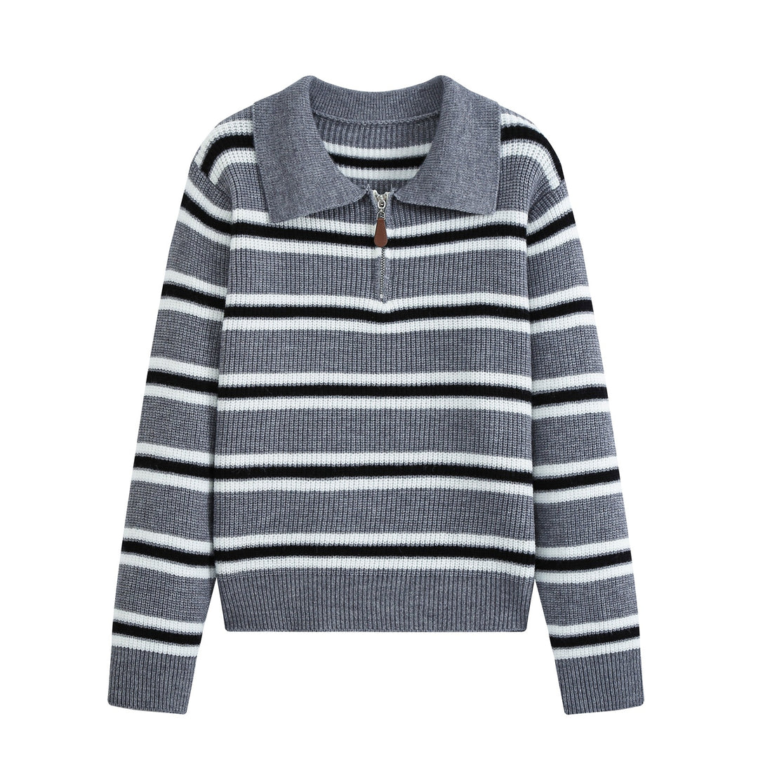 Damen Gestreifter Strickpullover mit Polokragen und Halbreißverschluss Shop Nory