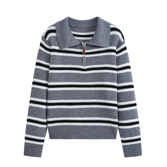 Damen Gestreifter Strickpullover mit Polokragen und Halbreißverschluss Shop Nory