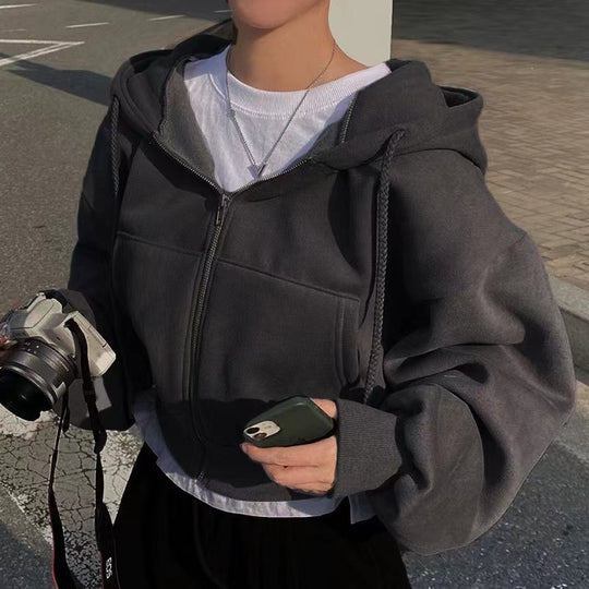 Damen nan oversized cropped Kapuzenjacke mit Reißverschluss und Ballonärmeln Shop Nory