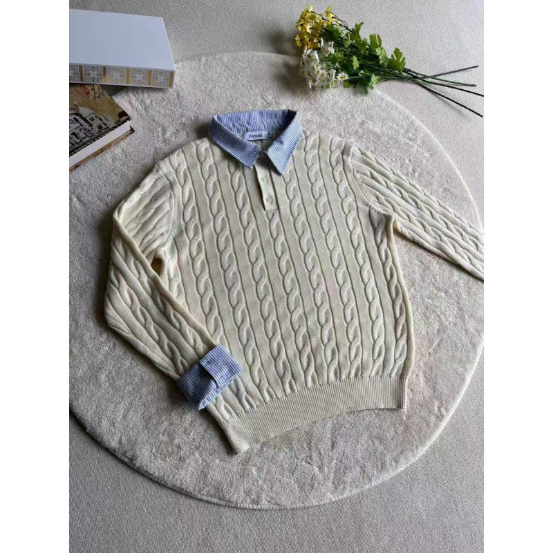 Damen gestrickter Polo-Pullover mit Zopfmuster und eingesetztem Hemdkragen Shop Nory