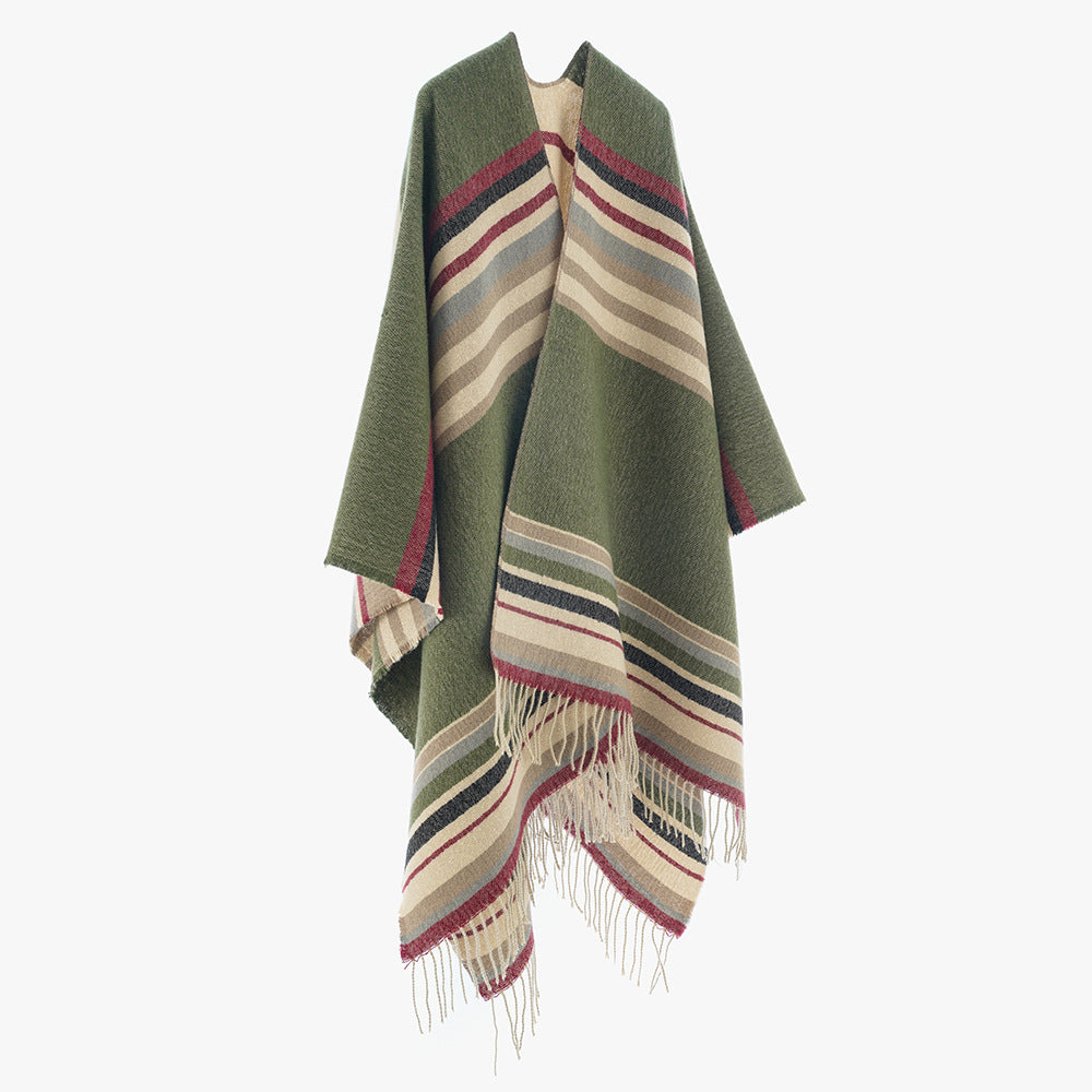 Damen Gestreifter Wollmix-Capeponcho mit Fransen Shop Nory