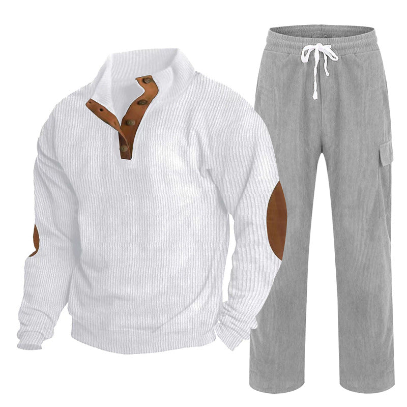Herren Gemütliches Freizeit-Set aus Waffelstrick-Henley mit Ellenbogenpatch und Relax-Cargo-Hose Shop Nory