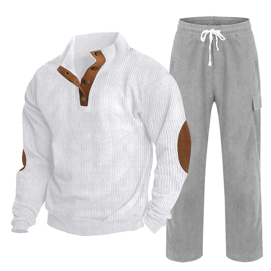 Herren Gemütliches Freizeit-Set aus Waffelstrick-Henley mit Ellenbogenpatch und Relax-Cargo-Hose Shop Nory