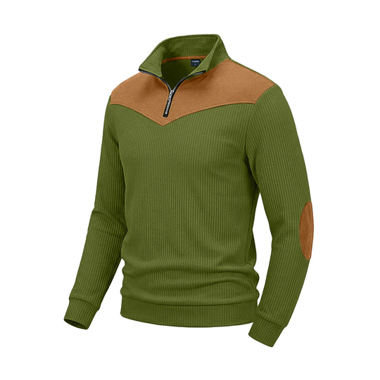 Herren Strickpullover mit Troyerkragen, Rippenstruktur und Ellbogen-Patches Shop Nory