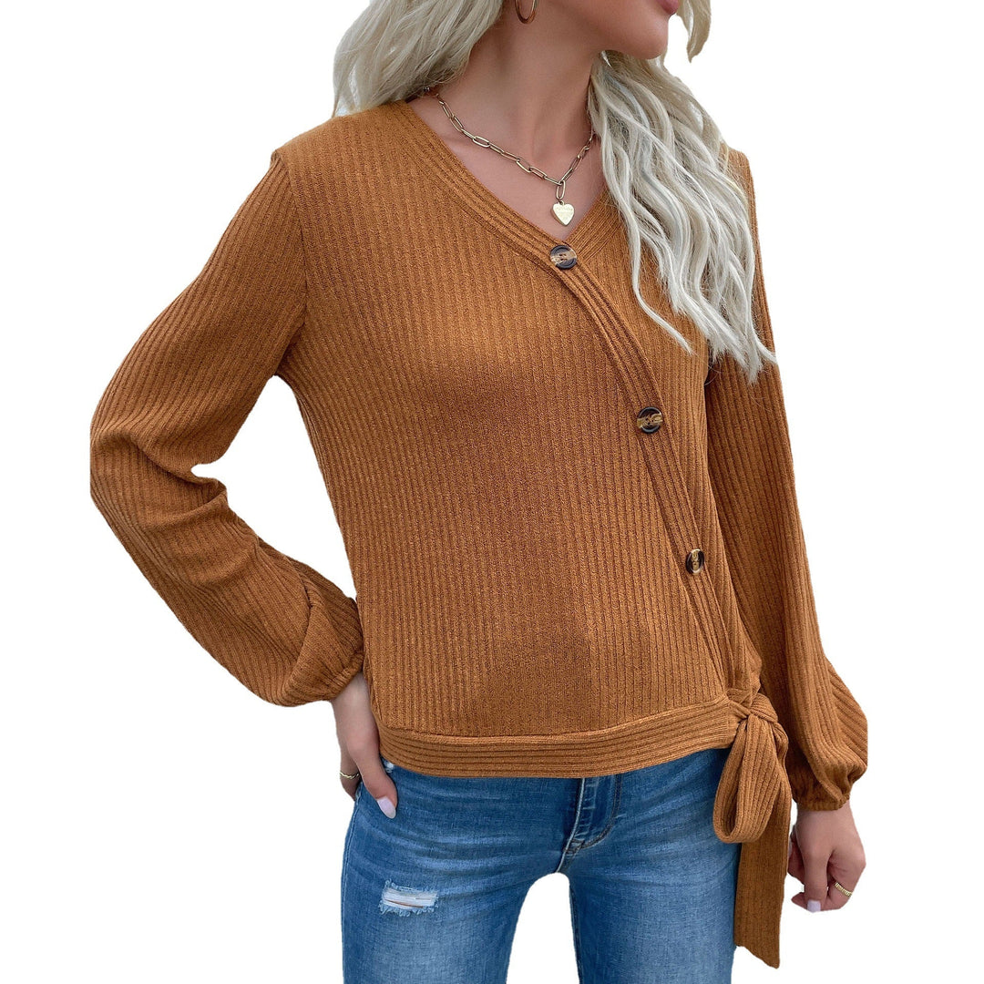 Damen Gerippte Wickel-Strickjacke mit V‑Ausschnitt, asymmetrischer Knopfleiste und Taillenband Shop Nory