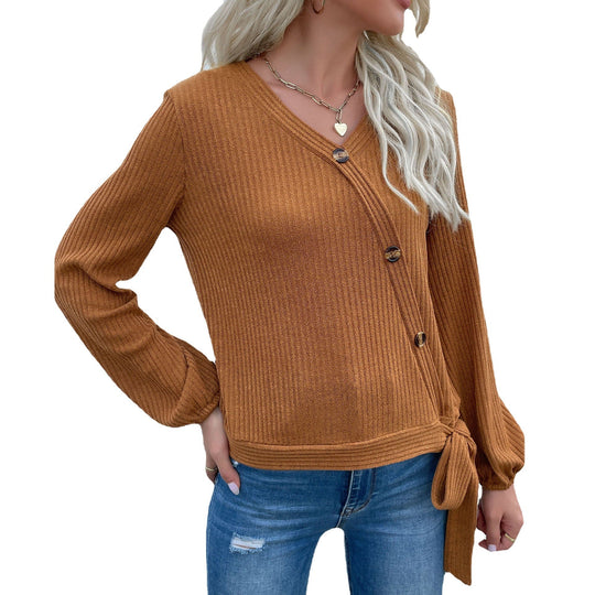 Damen Gerippte Wickel-Strickjacke mit V‑Ausschnitt, asymmetrischer Knopfleiste und Taillenband Shop Nory