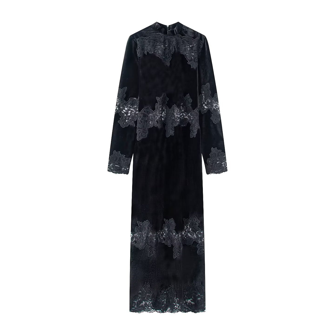 Damen Samt-Maxikleid mit Spitzenbesatz, Stehkragen und langen Ärmeln Shop Nory