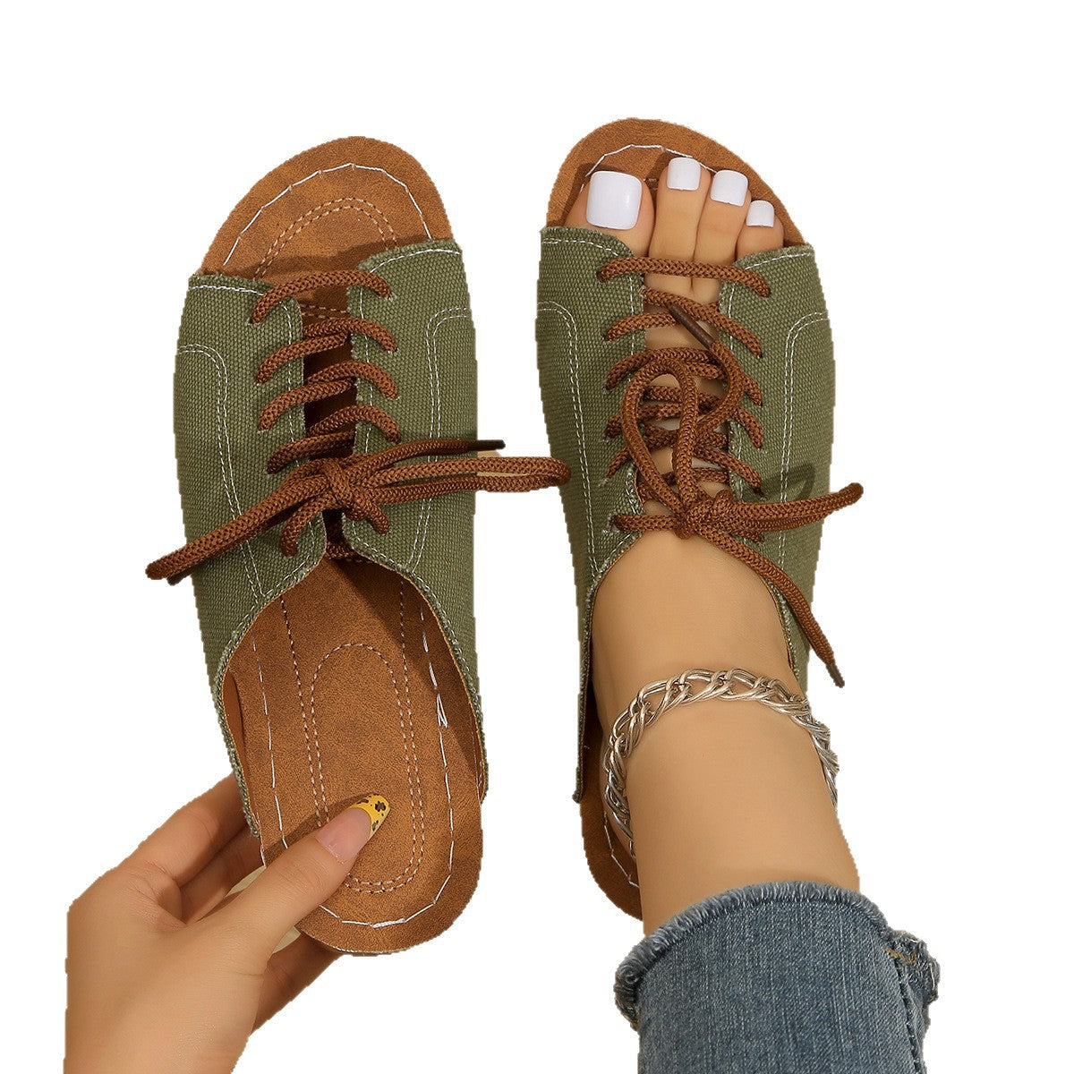 Damen bequeme Freizeit-Sandalen mit Schnürung und atmungsaktiver Textiloberfläche