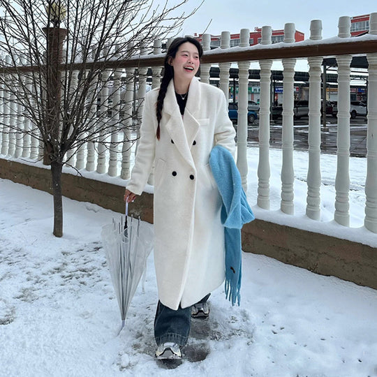 Damen Langer Teddy-Mantel im Oversize‑Schnitt mit Doppelreiher und Reverskragen Shop Nory