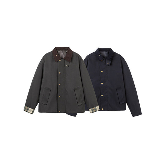 Herren Kurze Boxy-Workerjacke aus robustem Canvas mit Cordkragen und verdeckter Druckknopfleiste Shop Nory
