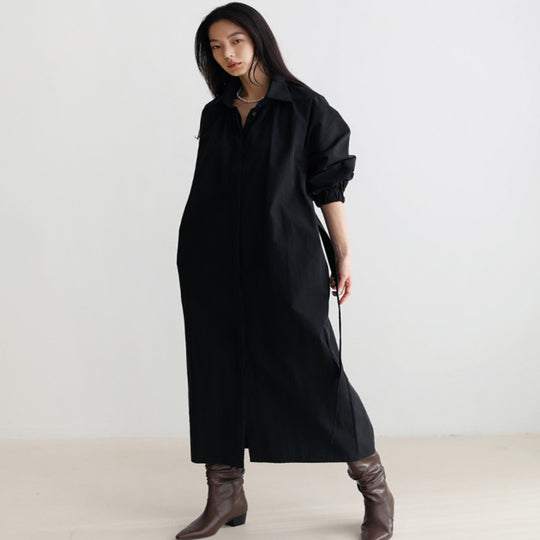 Damen Hemdkleid mit Taillengürtel, Stehkragen und Ballonärmeln Shop Nory