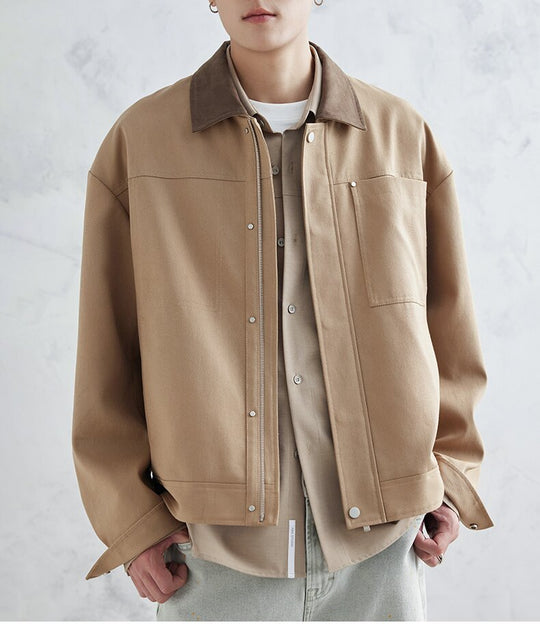 Herren Boxy-Zipjacke aus strukturiertem Baumwollmix mit Lederkragen und verdeckter Druckknopfblende Shop Nory
