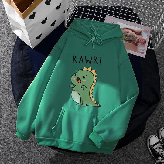 Damen nan Oversize-Kapuzenpullover mit kawaii Dinosaurier-Motiv, gerippten Bündchen und Kängurutasche Shop Nory