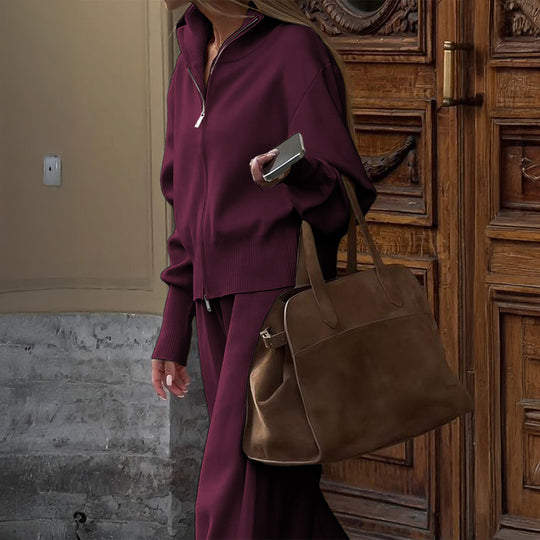 Damen nan Strick-Loungewear-Set mit halbhohem Kragen, Reißverschluss und weitem Highwaist-Hose Shop Nory