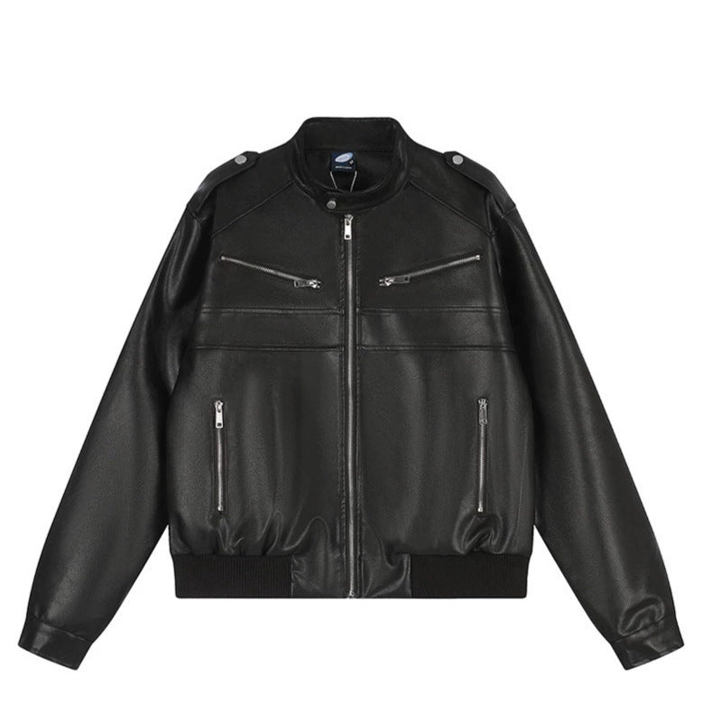Damen kurz geschnittene Kunstleder‑Bomberjacke mit Stehkragen, Schulterklappen und geripptem Saum Shop Nory