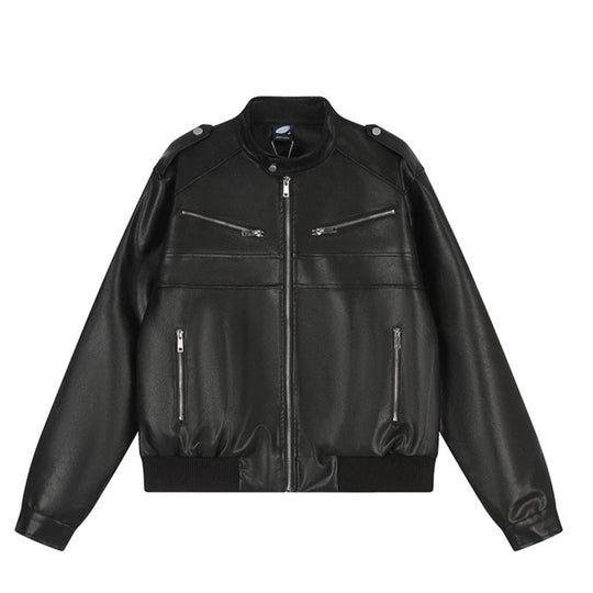 Damen kurz geschnittene Kunstleder‑Bomberjacke mit Stehkragen, Schulterklappen und geripptem Saum Shop Nory