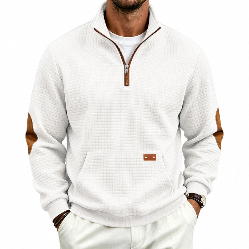 Herren Texturierter Halbzip-Sweat mit Waffelstruktur, Kängurutasche und Leder-Ellbogenbesatz Shop Nory