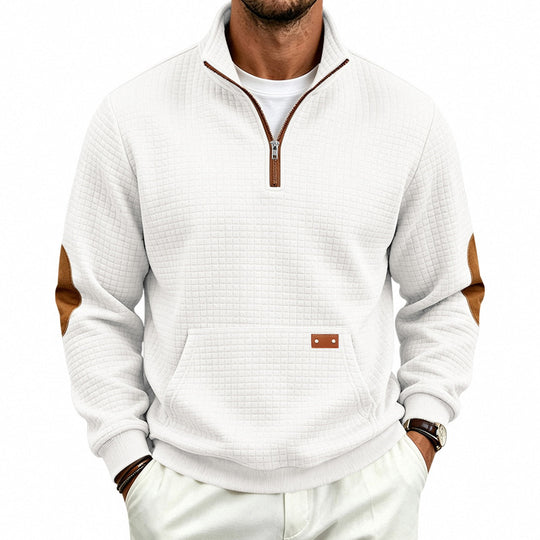 Herren Texturierter Halbzip-Sweat mit Waffelstruktur, Kängurutasche und Leder-Ellbogenbesatz Shop Nory
